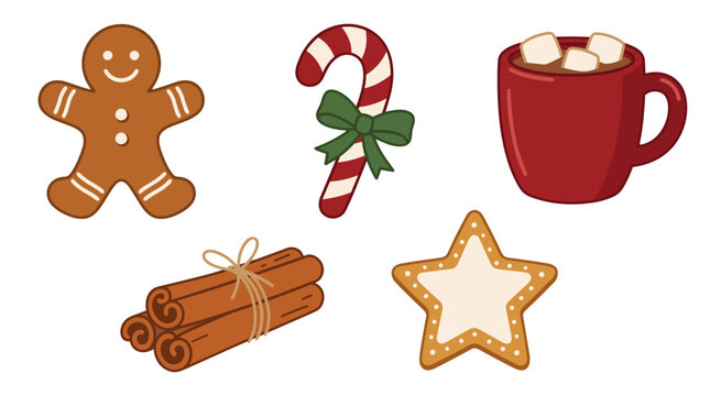 Gingerbread man, candy cane, mug of hot chocolate, and cinnamon sticks  