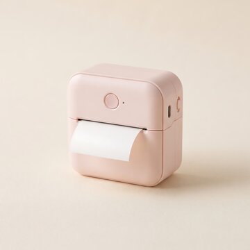 Compact pink portable thermal printer on a neutral background