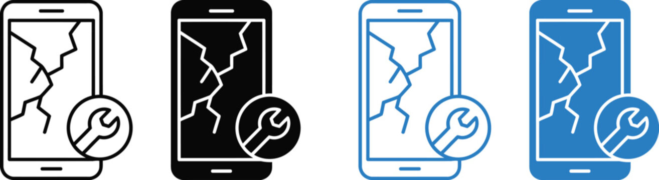 Set of broken smartphone screen repair icons with wrench symbol, mobile phone maintenance and service vector illustration