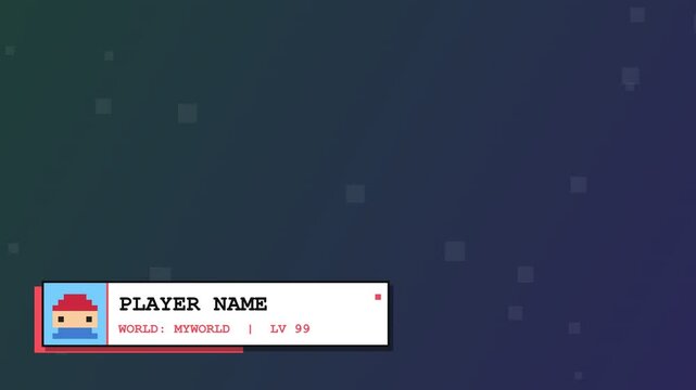 Pixel art lower third banner with player name label on dark blue background, representing video caption, stream overlay, and name tag graphic.