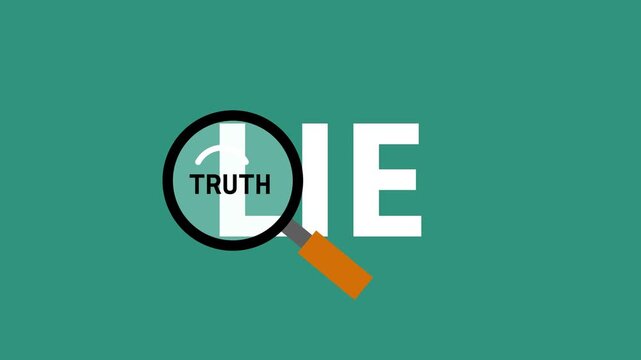 Magnifying glass animation inspects truth typography within deceptive text. Analytical verification telemetry guides magnifying glass. Consoles use magnifying glass.
