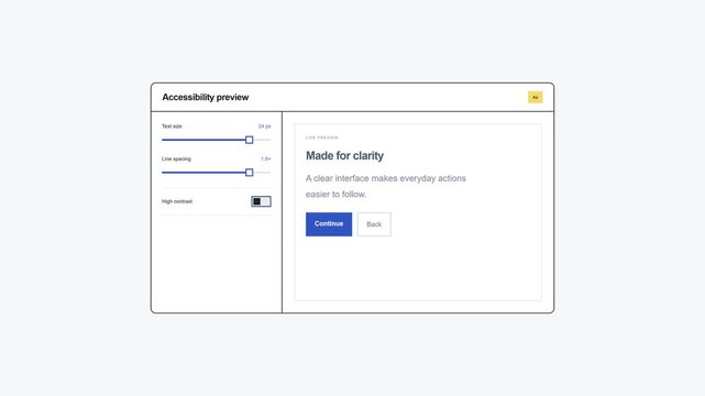 Accessibility settings UI, software interface and user experience design for digital products. Computer screen, web application and control panel with sliders for inclusive website navigation and app