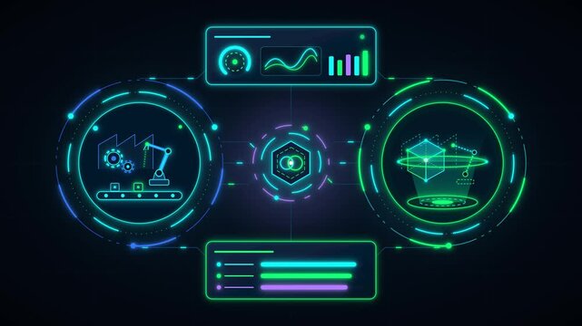 Digital smart factory interface with automated robotic arm assembly and holographic production line data visualization