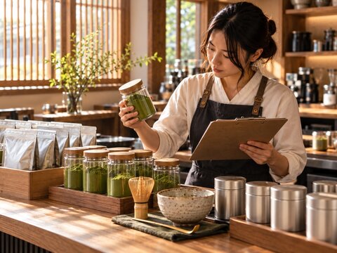 Female Cafe Owner Checking Matcha Powder Inventory in Tea Shop