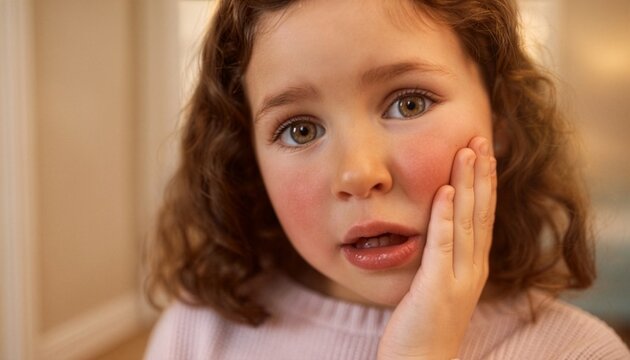 Close up of a cute young girl with curly hair looking at the camera with a sad expression while holding her swollen cheek, suffering from a sudden painful toothache or dental problem
