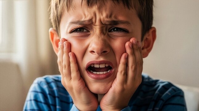 Close up of a young boy crying out in severe pain while touching both cheeks with his hands, representing a sudden toothache, pediatric dental problem, or childhood health condition.
