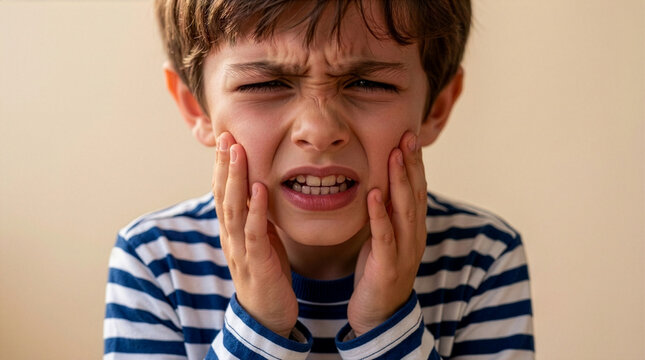 Close up of a young boy grimacing in severe pain while touching both cheeks with his hands, suffering from a sudden toothache, pediatric dental problem, or sensitive teeth at home.