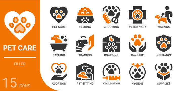 pet care filled glyph icon collection for web, app, UI, UX, dashboard, presentation and infographic and print design