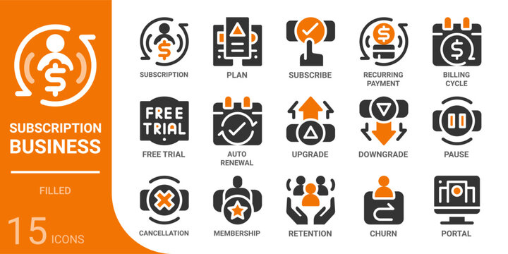 subscription business filled glyph icon collection for web, app, UI, UX, dashboard, presentation and infographic and print design