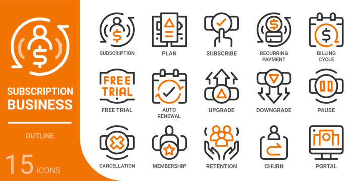subscription business outline icon collection for web, app, UI, UX, dashboard, presentation and infographic and print design