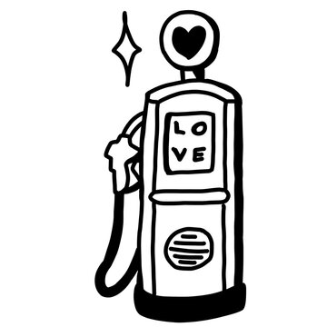 Edgy black‑and‑white hand‑drawn doodle of retro love fuel pump with heart symbol, cute‑grunge street‑art sticker