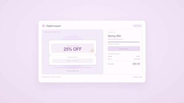 Digital coupon interface for online shopping, spring sale and discount promotion on website. App design, commerce and marketing with voucher, gift card and savings for customer retail and ecommerce.
