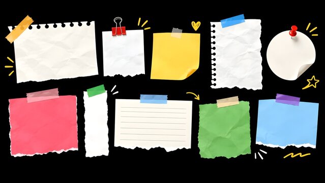 Various colorful paper notes with tape on a black background sticky note adhesive tap