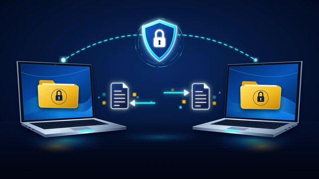 Two laptops exchanging secure data folders protected by a digital cyber shield icon