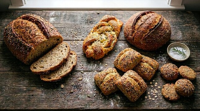 Assortment of freshly baked gluten-free bread including sliced multigrain loaf, braided brioche, rustic buns, and small cookies with seeds on a rustic wooden table bakery product concept.