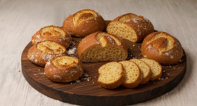 An assortment of freshly baked gluten-free artisan bread loaves and sliced crispy rolls dusted with flour on a round dark wooden board, highlighting healthy wheat-free diet concepts.