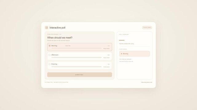 Poll, survey app and digital interface for scheduling meetings or feedback. Business tool, interactive questionnaire and online form with minimalist design for marketing, data and communication
