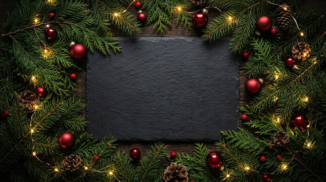 Black graphite board with space for text framed by fir branches, red balls and warm garlands