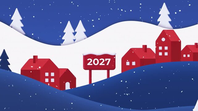 Festive New Year Animated Greeting. Small Village Nestled in Heavy Snowdrifts, Frosted Marker Displays the Upcoming Date 2027 Against Merry Snowfall and blue Night Sky in Layered Style 3D Flat Design