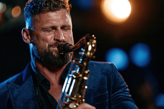 Jazz saxophonist improvising under golden spotlight in midnight blue lounge