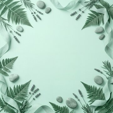 Green botanical frame with fern leaves and zen stones on mint surface