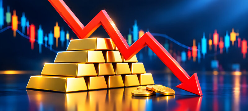 Red Downward Arrow Piercing Stack of Gold Bars in Financial Market Downturn Concept