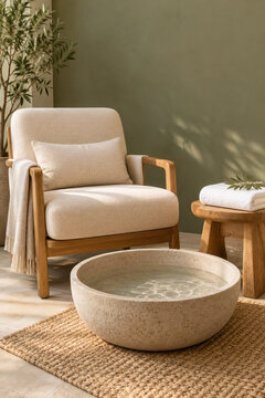 Stone foot spa basin with cream chair and folded towel