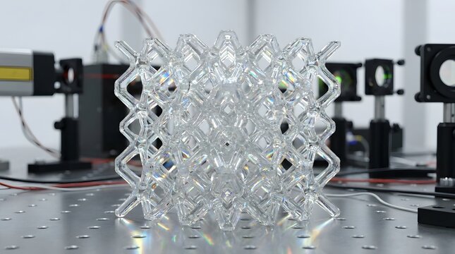 Transparent glass metamaterial lattice structure placed on a metallic optical breadboard in a laboratory setting with precision laser equipment and optical components visible in the blurred background