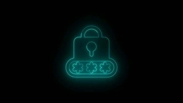 Glowing blue padlock icon animation with password asterisks on a dark black background