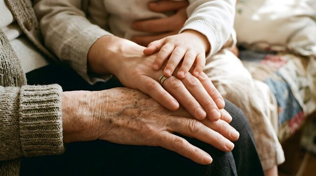 Three generations of family hands stacked together showing connection and love with wrinkled skin of elderly person and soft skin of child resting on adult hands in warm indoor setting