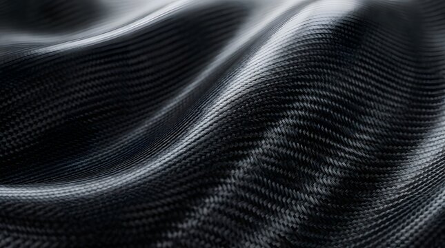 Close up of a woven carbon fiber material with smooth flowing waves. The dark grey fabric features a detailed geometric weave pattern with soft light reflections for industrial backgrounds.