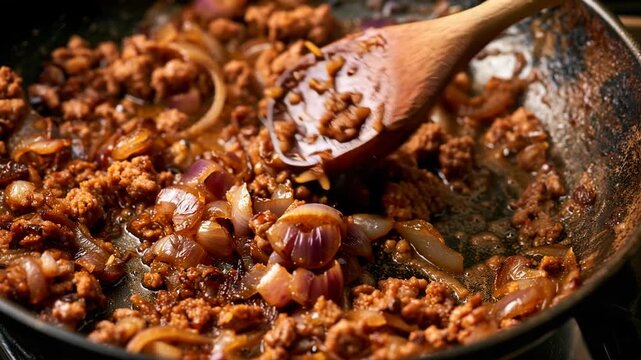 Cook stirring sausage and onion soffritto in frying pan with wooden spoon