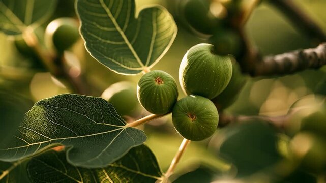 Fresh green figs and fig leaves on tree in sunny garden with soft focus background