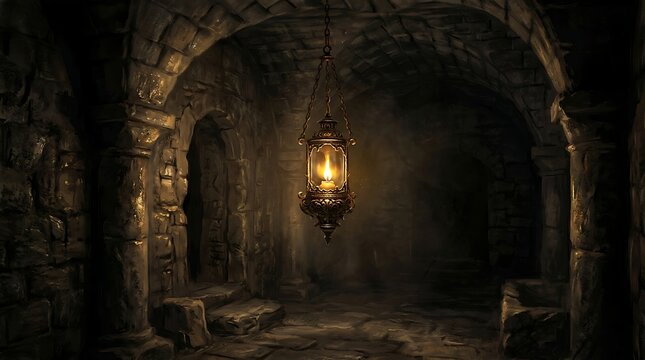Dark medieval stone corridor with a glowing lantern illuminating the passageway