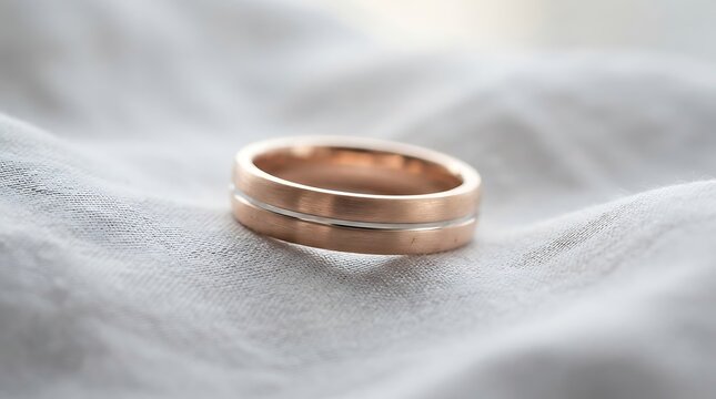 Elegant gold wedding band resting on soft white fabric close up view