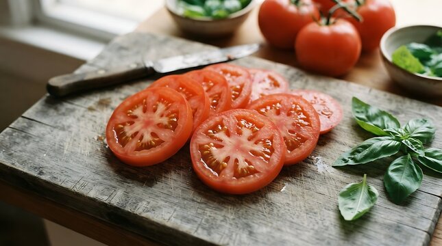 Fresh sliced tomatoes with basil and whole tomatoes on a kitchen counter