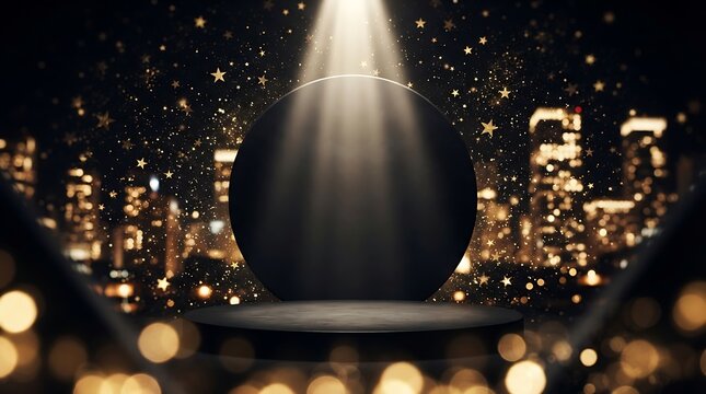 Empty stage with spotlight and blurred city lights in the background