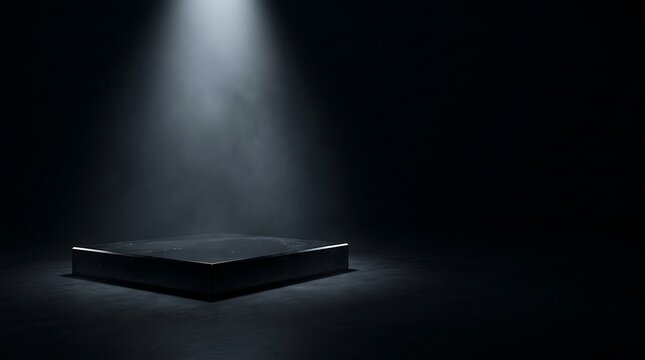 Dramatic spotlight illuminates an empty stage with a sleek black platform