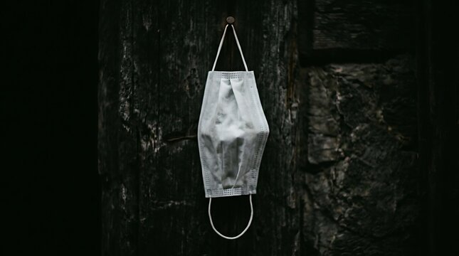 Disposable surgical face mask hanging against a dark textured background