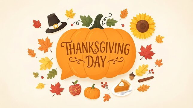 Festive thanksgiving day illustration with pumpkin leaves and autumn decorations
