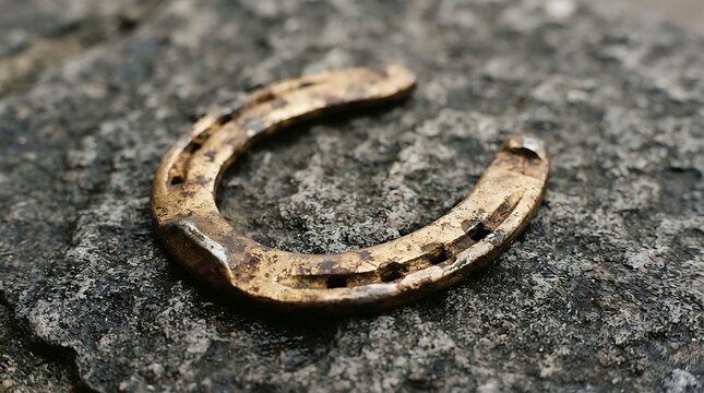 Close up of a weathered horseshoe resting on a rough stone surface