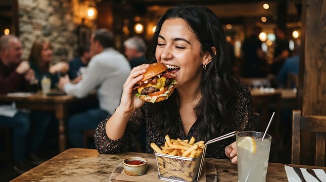 Young woman enjoying a delicious cocktail and appetizers at a lively bar