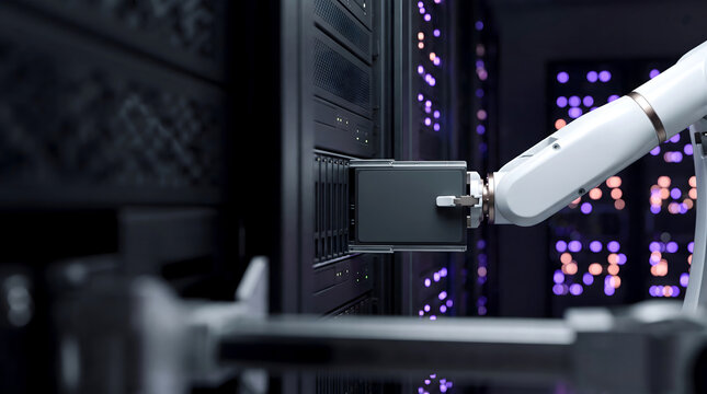 Robotic Arm Inserting Hard Drive Into Data Center Server Rack For AI Automation And Cloud Storage