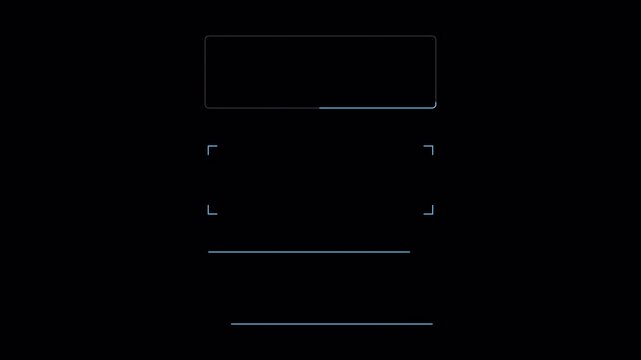 Seamless loop alpha channel transparency blue glowing tech hud user interface frame animation revealing rectangular text placeholders on dark background