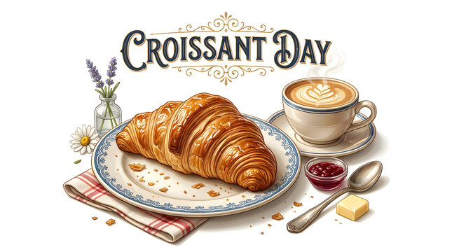 Fresh buttery croissant with coffee on a plate for croissant day