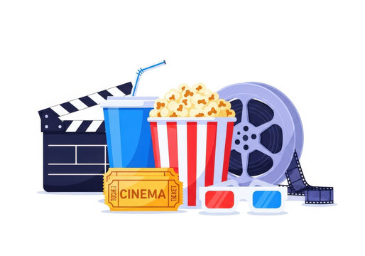 Movie night symbols illustration including popcorn bucket soda cup 3d glasses film reel and clapboard flat design for cinema entertainment theme.