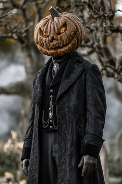 Mysterious Pumpkin-Headed Gentleman in Elegant Victorian Gothic Costume for Halloween