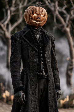 Mysterious Pumpkin-Headed Gentleman in Elegant Victorian Gothic Costume for Halloween