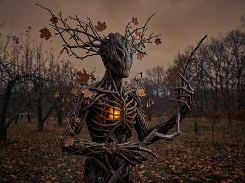 A dark fantasy botanical humanoid crafted from twisted tree roots, tangled branches, and dried autumn leaves, with a warm glowing amber light inside its rib-like wooden chest. Standing in a misty autu
