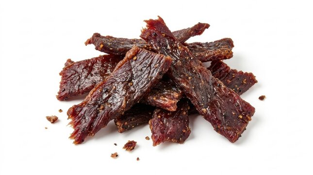 Pile of dark red beef jerky isolated on a white background a healthy and flavorful snack option
